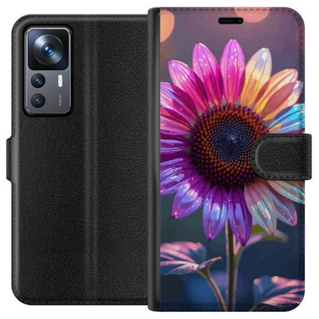 Kompatibelt Lommeboketui til Xiaomi 12T Pro Irideserende blomst med glitrende kronblad i rosa lilla og gull mot myk bokeh bakgrunn