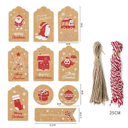 100 stk. julegaveetiketter, julegaveetiketter av kraftpapir med jutetråd for presentasjon av julegaveetiketter