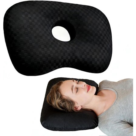 Ørepude til piercing 44 x 32 x 5 cm - 9 cm centralt hul, side sovepude til ørepiercinger, smertelindring og antiinflammatorisk (Sort)