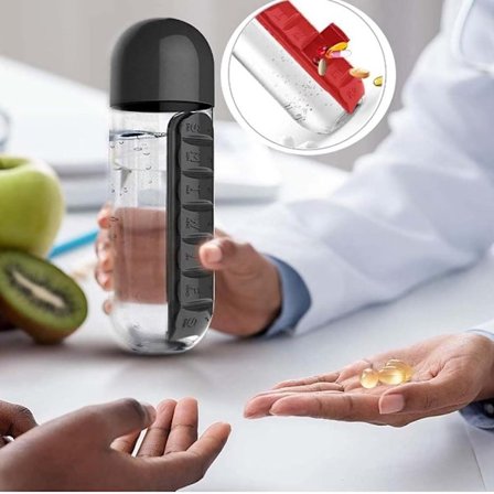 2-i-1 600ml Vattenflaska med 7-facks Medicinbox