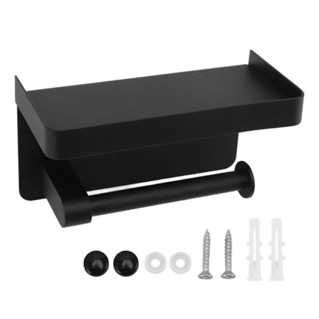 Sort toiletpapirholder til vægmontering i rustfrit stål med hylde, vandtæt minimalistisk design til badeværelse