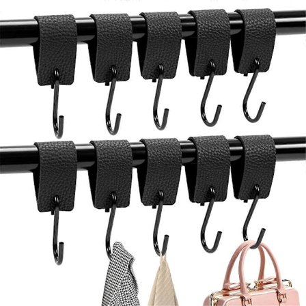 S-koukut, 10 kpl S-koukkuja nahkalenkillä, koukut vaatetangolle, ikkunakoukut ripustukseen, takki