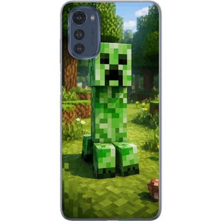 Kompatibelt Mobilskal till Motorola Moto E32s Block-baserad Creeper-figur i en grön pixell värld, ikonisk spelillustration för barnrum, gamers och