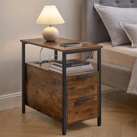 Sengebord med stikkontakt og 2 skuffer - Rustik brun/Sort