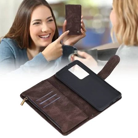 Wallet Case for Mobiltelefon med Magnetisk Lukking, Flip Case med Kortspor og Innebygd Støtte for Galaxy S21 Ultra, Brun