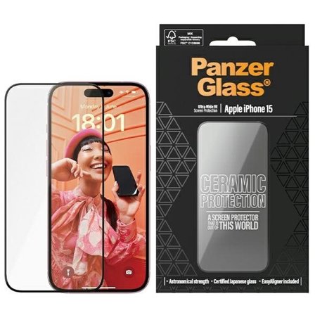 PanzerGlass Keramisk beskyttelsesglass for iPhone 15 med posisjoneringsenhet