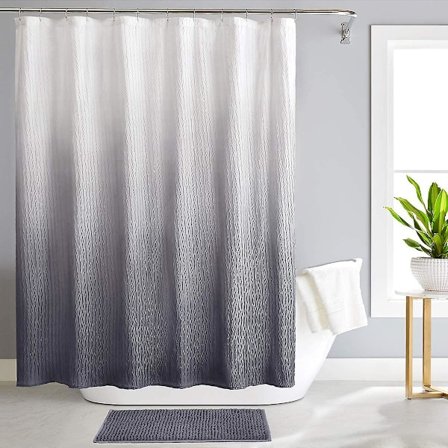 Duschdraperiset 180x180cm Grå med Matta och Krokar för Badrum Texturerad Vattentät Gradientyta Bad Duschdraperi