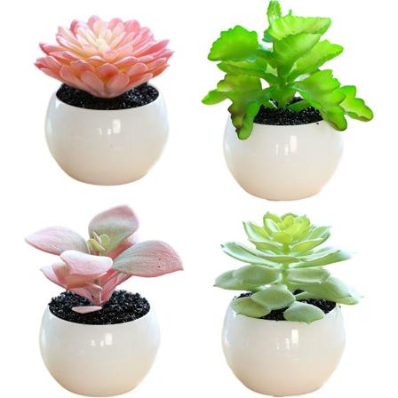 4 stk. mellemstore runde plastikpotter med kunstige sukkulenter bonsai