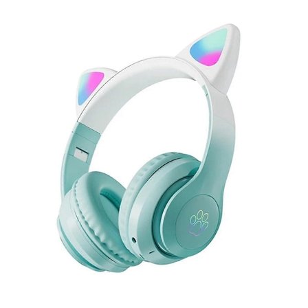 Söta Katt Gradient Trådlösa Hörlurar LED-lampor Bluetooth Hörlurar med Mikrofon för Barn Stereo Telefon Musik Gaming Headset Grön