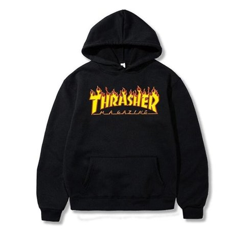 Unisex Thrasher hettegenser med bokstavstrykk, hettegenser med snor og lomme svart 1 S