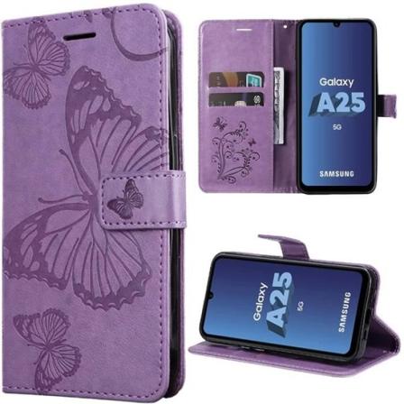 Etui til Samsung Galaxy A25 5G, stødsikkert PU-læderetui med kortpladser, sommerfuglemønster - lilla Lila