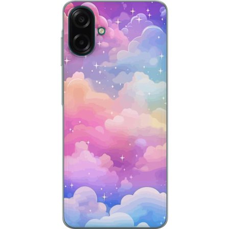 Kompatibelt Mobildeksel til Samsung Galaxy A07 4G Søt enhjørning med regnbuefarget hår mot en stjernebelagt pastellbakgrunn i kawaii-stil