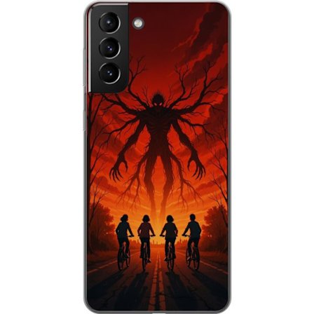 Kompatibelt Mobilskal till Samsung Samsung Galaxy S21+ 5G Mörk Stranger Things-inspirerad skräckillustration med röd himmel, monsterfigur och cykla