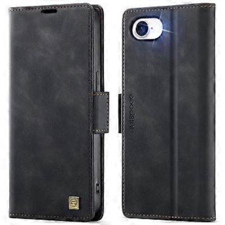 Kompatibel med iPhone 16e Case AUTSPACE A11 RFID Retro Læder Mobiltelefon Wallet Cover (Sort)