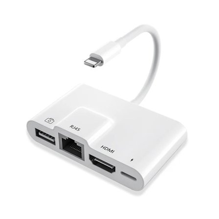 Lightning adapter 1 till 4 portar 1xHDMI 1x RJ4510/100Mbps 1x USB A 3.1 och 1 x Lightning laddningsport