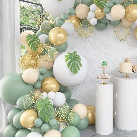 Olivolja grön födelsedag ballongbåge, salviagrön ballonggirlang vit guldkonfetti retrogrön ballong för pojkes födelsedagsfest, babyshower, djungel