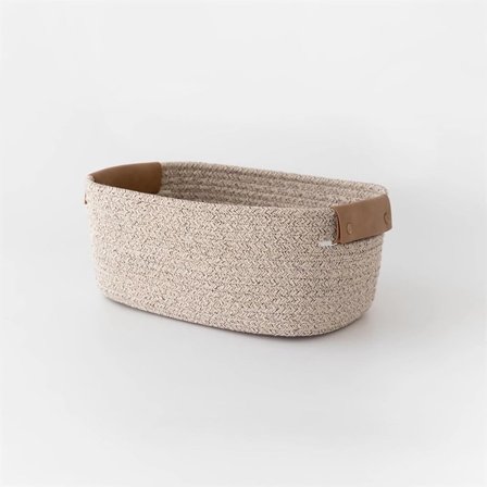 Liten bomullskurv med PU-skinnhåndtak for oppbevaring av baby- og barneklær, leker, godteri og gaver. Laget av bomullstau, den er for stuen