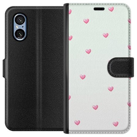 Yhteensopiva Lompakkokotelo Sony Sony Xperia 5 V Minimalistinen kuvio vaaleanpunaisilla sydämillä vaalealla taustalla, suloinen ja yksinkertainen mu