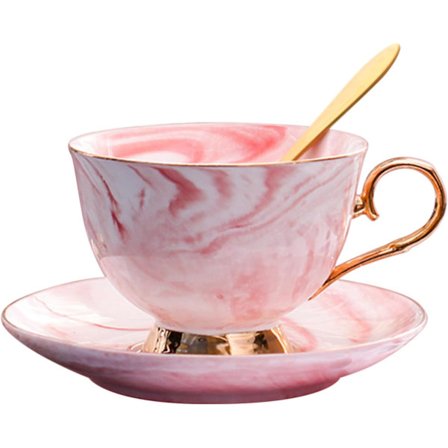 Marmor Keramik Kop og Underkop Sæt Kamelia Mønstret Benporcelæn Kaffekrus Te Kop Guldkant med Kaffekop, 200ml (Rosa)