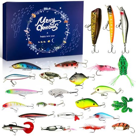 Fiskekalender 2025, 24-dagers adventskalender med fiskesluker, fisketilbehør adventskalender, fisketilbehørssett, nedtellingskalender for voksne