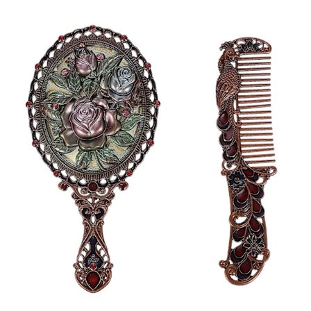 Fick-spegel med antikt utseende, bärbar smink-spegel, kamset, metall-smink-spegel, kam