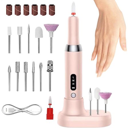 Bærbar Elektrisk Neglefil med 17 Tilbehør til Negle, 3 Hastighedsindstillinger, Lavt Støjniveau, til Manicure og Pedicure