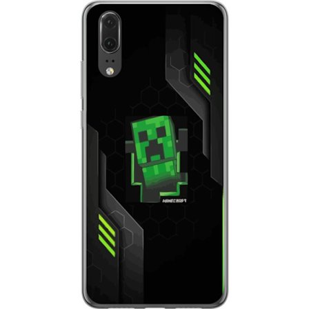 Kompatibelt Mobilskal till Huawei Huawei P20 Grön pixelbaserad creeperliknande spelillustration med futuriska neoninslag och mörk techbakgrund perfe