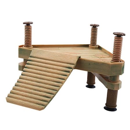 Vesilemmikkilaituri kelluvalla kilpikonnan paistattelutasolla, kuvioitu ramppi helpottaa pääsyä, kestävä muovirakenne imukuppijalustalla, myrkytön