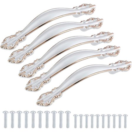 Sett med 5 vintage skaphåndtak i form av en antikk utskåret bue - Møbeldørhåndtak (64 mm avstand mellom hull) - Sølv