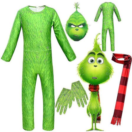 Grinch-kostyme for barn - Jumpsuit, maske, skjerf, hansker - Juleantrekk