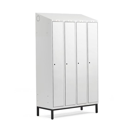 Omklædningsskab CLASSIC, skråt tag, benstel, 4 sektioner, 2100x1200x550 mm, grå