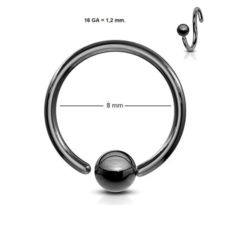 Flexibel BCR Piercing i IP Svart 316L stål 16GA-8 mm Ø