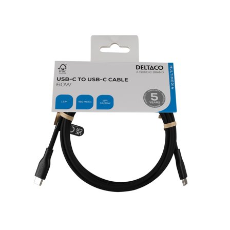 Deltaco USB-C - C USB2.0 SPR Cable, silicone, 1,5m, Black