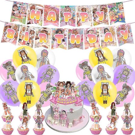 Rosa Roblox Gaming Dame Fødselsdagsfest Dekorations Balloner Banner Kagedekorationer Sæt Festartikler Kit Party Favor -yyds (FMY)