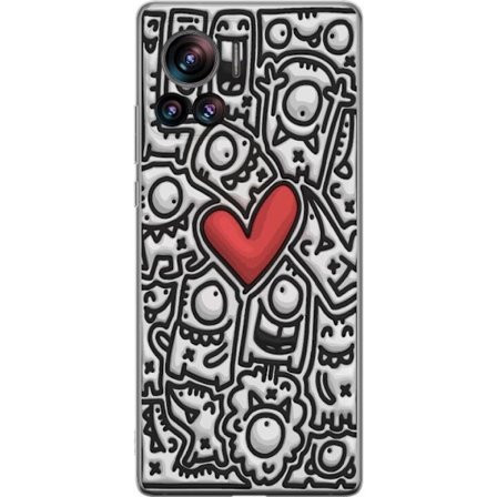 Yhteensopiva Puhelinkuori Motorola Motorola Edge 30 Ultra Abstrakti mustavalkoinen doodle-kuvio, jossa on hahmoja ja punainen sydän, taiteellinen gra