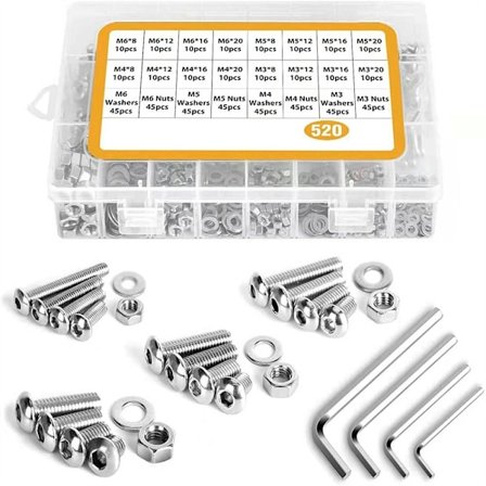 520 stk. bolte, møtrikker, skiver, sekskantet knaphoved, hætte, skruer, møtrikker