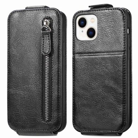 Vertical Flip Phone Suojakotelo With Zipper For iPhone 14 - Musta