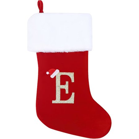 Personlige julesokker 50 cm Initial Monogram Broderet Bogstav Julesok Rød Fløjl Julesokker(E)