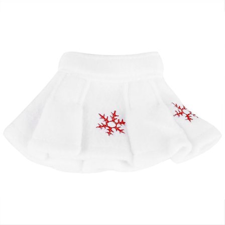 Pehmeä ja kaunis valkoinen lumihiutalehame tonttu-nukelle hyllyllä joulukoristeeksi lahjaksi