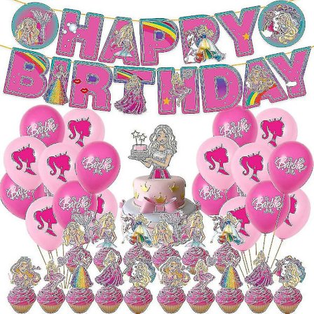 Barbie-tema Glad Fødselsdag Ballongbanderoll Tårta Toppers Set Dekoration