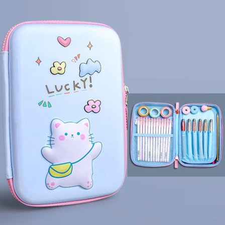 Pennfodral Stationär Box Makeup Väska Organizer Söt Mönster Vattentät för Skolbarn Barn Lyckokatt Ljusblå