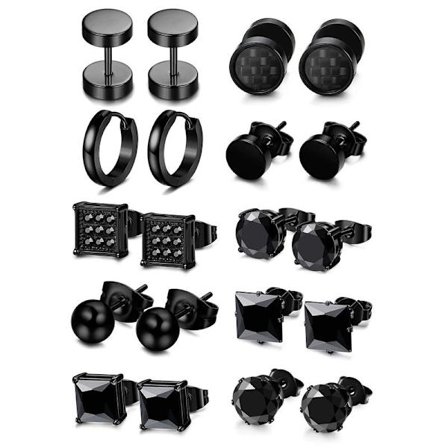 10 par øreringe til mænd, sorte øreringe, øreringe til mænd, sorte øreringe, øreringe i rustfrit stål, smykkeøreringe til mænd og kvinder