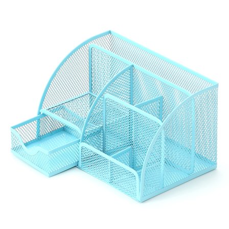 Mesh skrivebordsarrangør kontor med 7 rum + skuffer/skrivebordsarrangør slik/penneholder/multifunktionsarrangør - lyseblå (lyseblå)