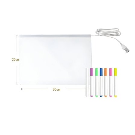 LED-tegneplade med USB, sammenklappeligt stativ, 7 markører og 2 klude