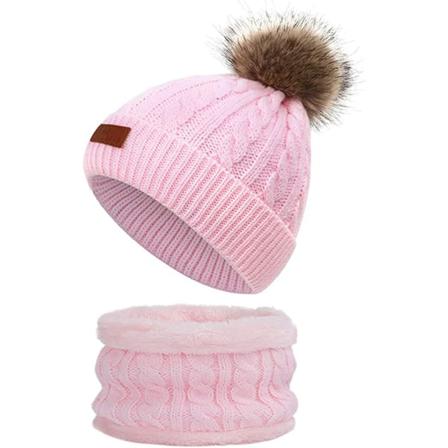 Baby Warm Hat Scarf Set Med Fur Pom Pom Pink