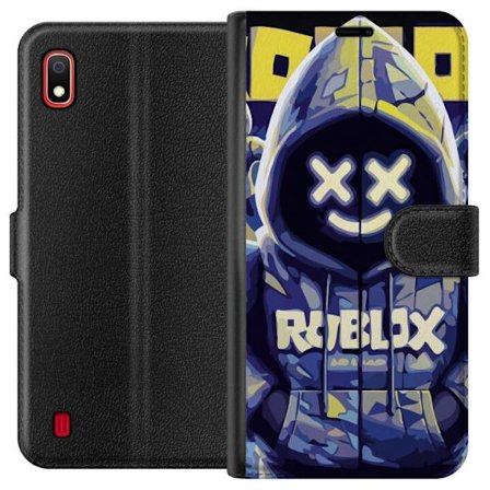 Kompatibelt Lommeboketui til Samsung Samsung Galaxy A10 Blågul Roblox hettegenserfigur med minimalistisk neonstil og masket ansikt, moderne spillillu