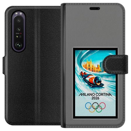 Yhteensopiva Lompakkokotelo Sony Xperia 1 III Dynaaminen kelkkailija tai skeleton-ajaja jääkanavalla Milanon Cortina 2026 kanssa, kaupunkinäkymä ja ol