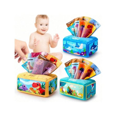 Babyleksaker 6 till 12 månader Baby Tissue Box Leksak Mjuk Skrynkel Baby Sensorisk Leksak Lämplig för 1 år Gamla Tidig Utbildning Leksaker Babypojkar 