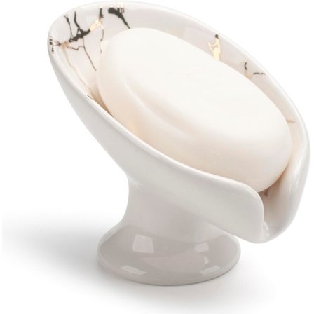 Selvdrænende keramisk sæbeskål til badeværelse, køkken og brusebad, med et eksklusivt, luksuriøst design og en sæbedrænbakke - Hvid