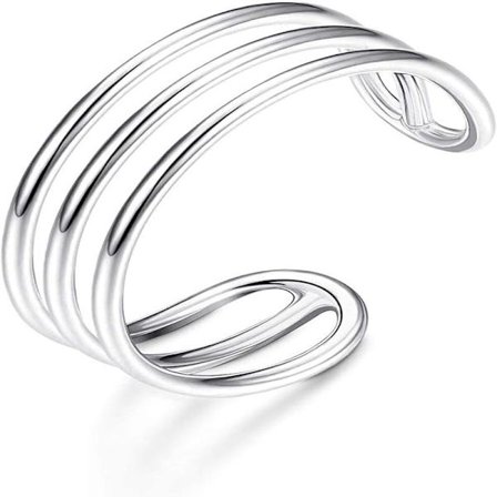 925 Sterling Silver Horisontell Dubbel Trippel Linjer Öppna Ringar Minimalistisk Enkelt Band för Kvinnor Justerbar